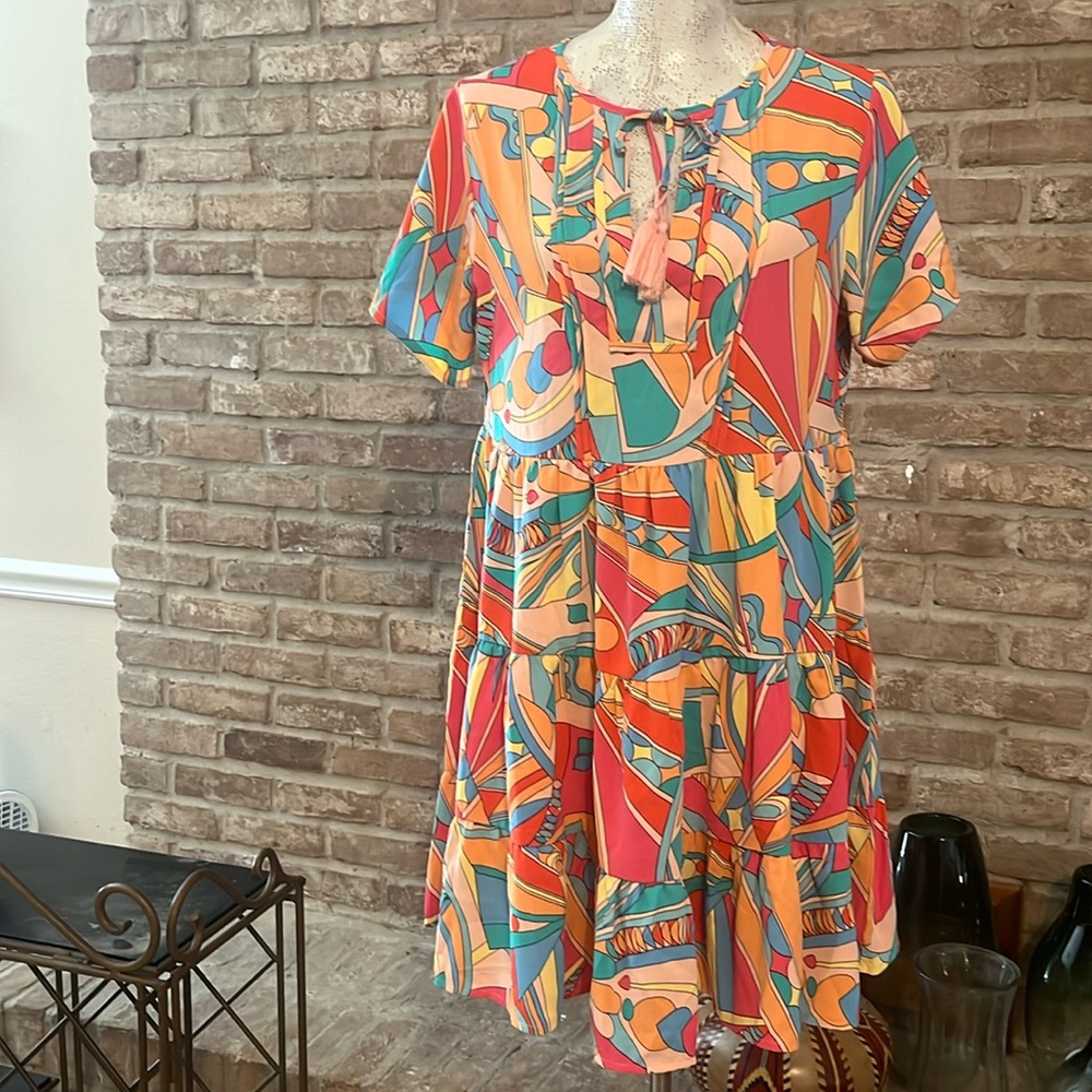 Short Sleeve Pink Abstract Geometric Print Tassel Tie Flared Dress! - Picture 2 of 5